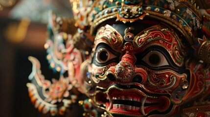 Fototapeta premium Close-Up of a Colorful and Detailed Mask Worn by a Balinese Dancer