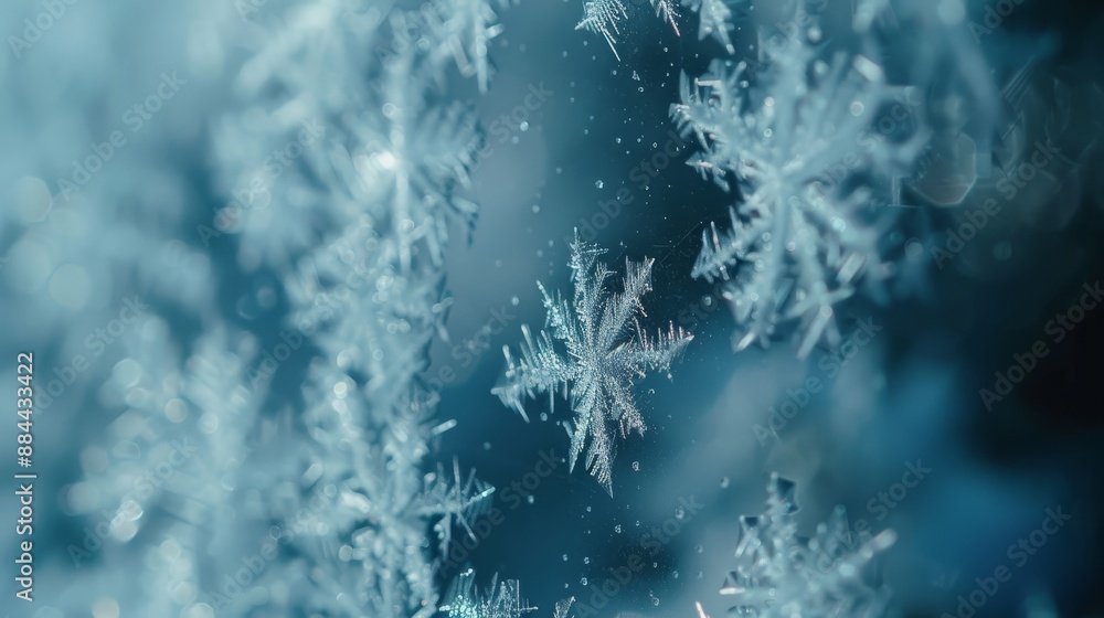 Poster intricate snowflake patterns on frozen windowpane in winter