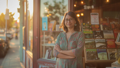 Small bookstore woman owner standing in front of her shop, morning light background. Generative AI