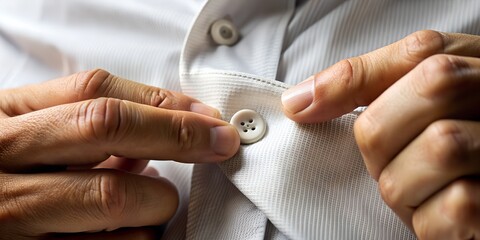 Man buttoning up a white shirt background, wallpaper generated by Ai