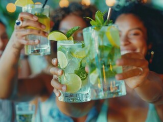 Group of friends or family gathering with various drinks, ideal for social media, party or event promotions