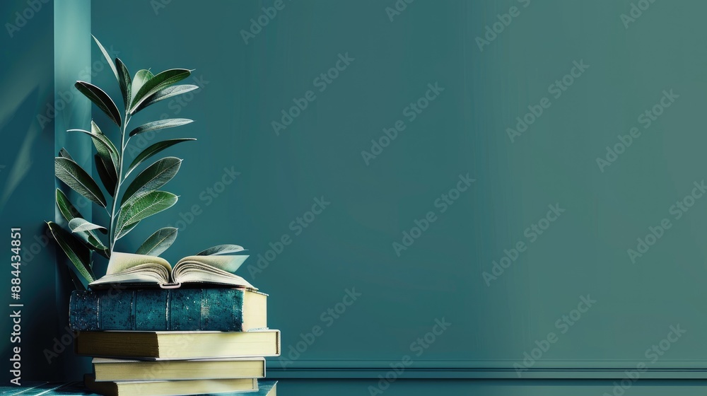 Poster educational concept with open book on stack of books ample space for text