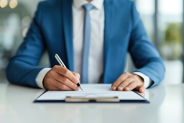 Invisible entrepreneur signing a contract in a sleek office, unidentified presence, professional and confidential