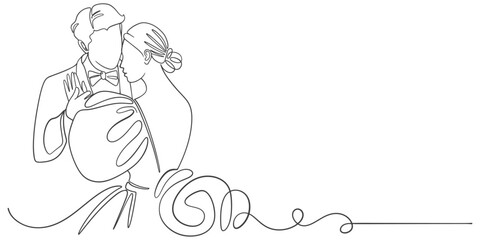 line art drawing woman and man stand in love and dance in wedding celebration. Young married couple lovers with wedding dress. line art style draw design vector graphic