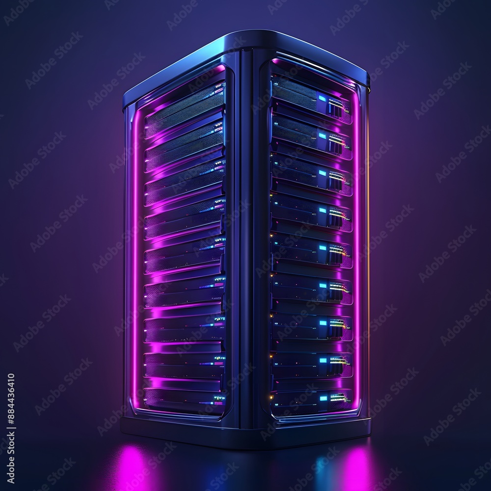 Poster illuminated server rack in a dark room with vibrant neon lights, representing modern technology and 