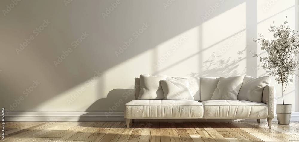 Poster a white couch sits in a room with a large window, casting a shadow on the floor