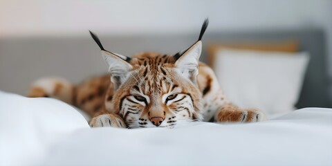 Bobcat on a bed in a modern apartment . Concept Animals, Home Decor, Interior Design, Modern Living, Pet Photography