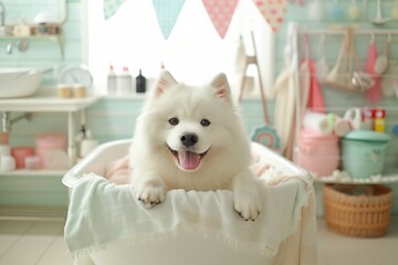 Akita Dog in a Grooming Tub with Paws on Ledge.