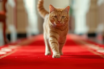 Domestic ginger cat strides with confidence down a vibrant red carpet