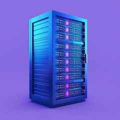 Modern blue server rack with glowing lights in a data center. Technological equipment for hosting and managing data storage.