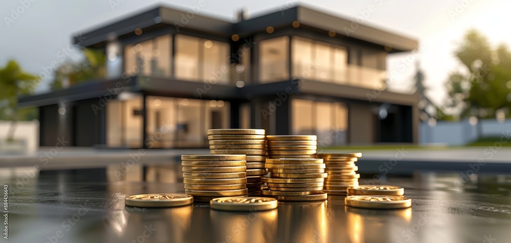 Poster A pile of gold coins sits on a table in front of a large house