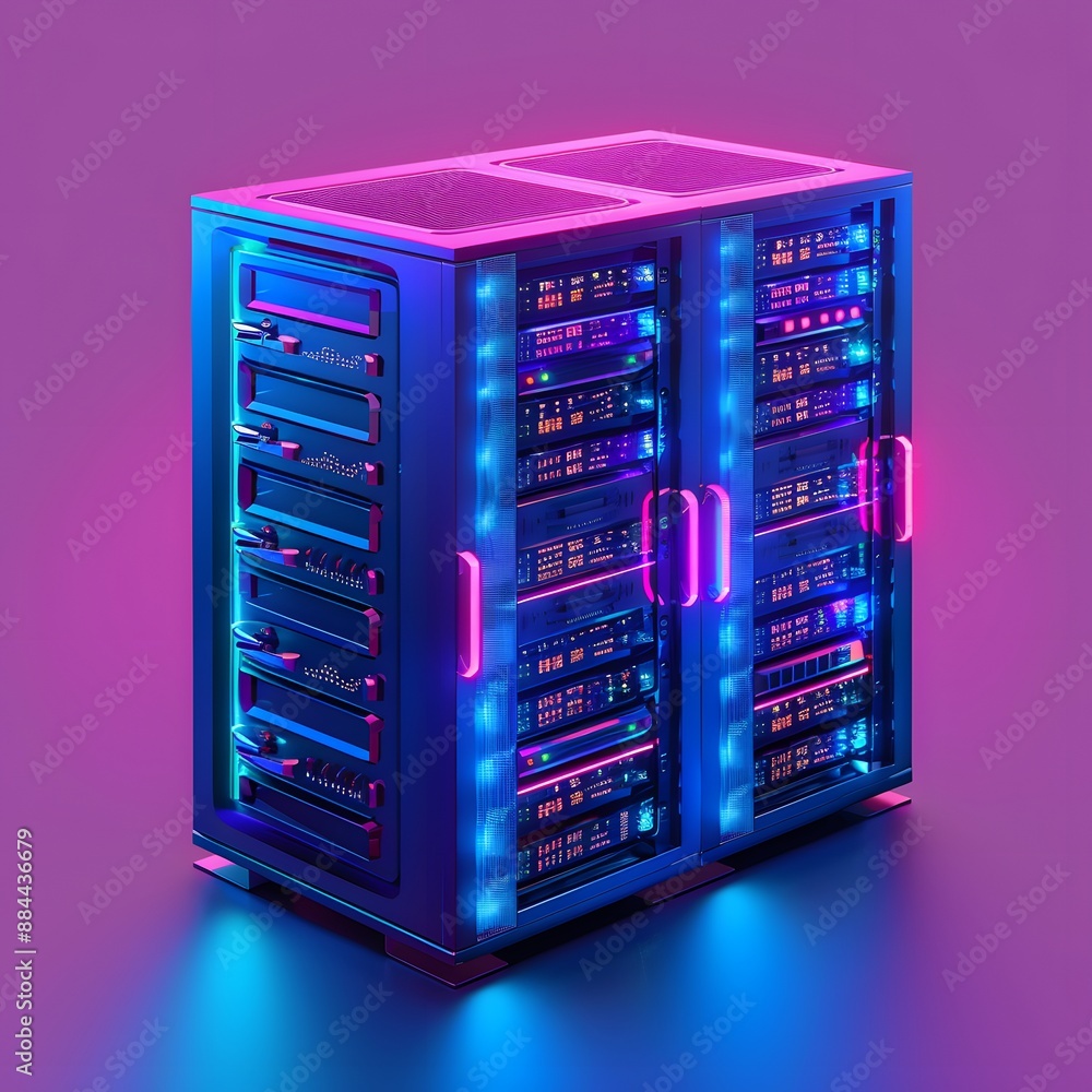 Poster modern data server in a vibrant lighting setup, showcasing advanced technology and high performance 