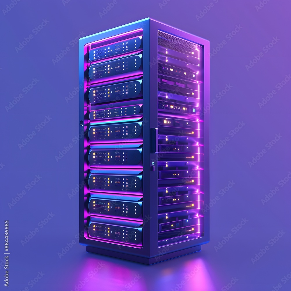 Poster modern data server rack illuminated with vibrant purple and blue led lights, showcasing advanced tec
