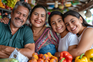 portrait of Happy Hispanic family on traditional local food market smiling at camera