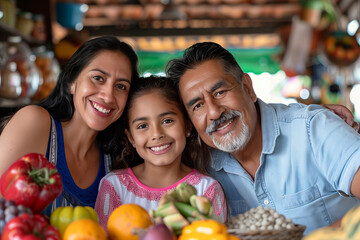 portrait of Hispanic mother, father with daughter on traditional local food market smiling at camera