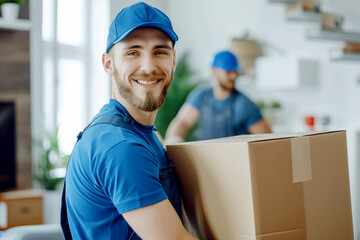 smiling at camera male moving company worker in blue uniform carrying boxes in a modern apartment interior