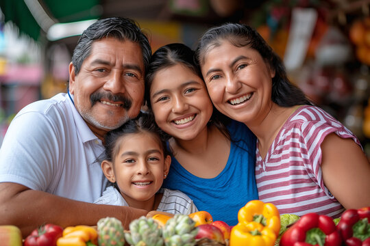 portrait of Latin family on local food market smiling at camera - Powered by Adobe