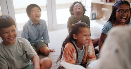 Teacher, kids and storytelling in classroom together for educational development, group learning and growth. Children, reading or studying book with educator for support, knowledge or bonding