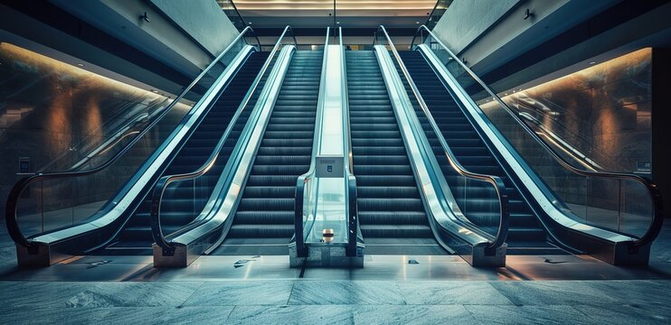Four escalators in a large room with light beams from above