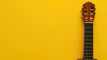 Close up of a yellow background with a guitar s neck