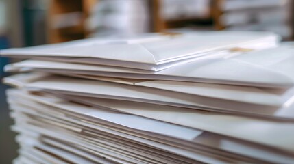 Selective focus on stack of large white postal envelopes