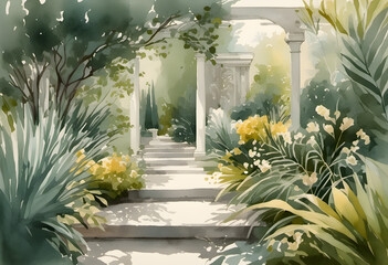 A serene watercolor painting of a garden entrance with surrounded by lush green foliage and sunlight filtering through the trees.