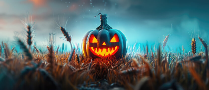Digital 3D render of holographic pumpkin scarecrow in neon-colored wheat field, eerie and surreal with futuristic vibe.
