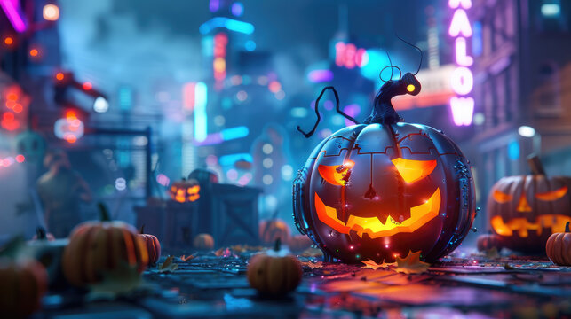 3D pumpkin spaceship lands on vibrant cyberpunk Halloween planet with detailed textures and sci-fi elements.