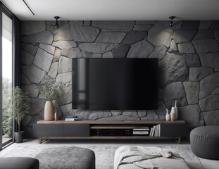 living room interior with TV on stone-faced wall and low console	