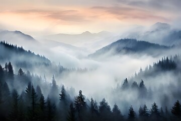 Obraz premium Mystical Fog Over Serene Mountains