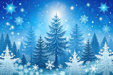 Snowy winter scene with pine trees and snowflakes.