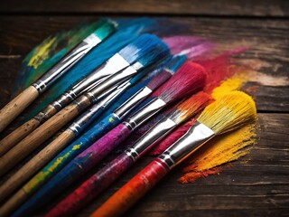 Fototapeta premium Colorful paintbrushes arranged on wooden surface
