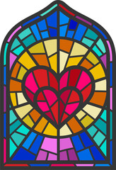 Church glass window. Gothic arch frame with medieval symbol. Vintage architecture elements. Stained color mosaic decoration with heart