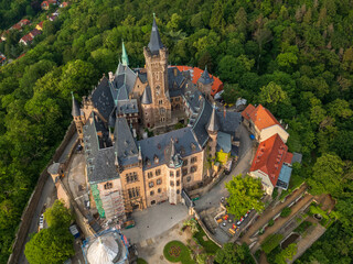 Aerial drone shot of stunning castle in the Harz region of central Germany