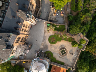 Top down aerial drone shot of stunning castle in the Harz region of central Germany