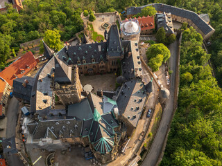 Aerial drone shot of stunning castle in the Harz region of central Germany