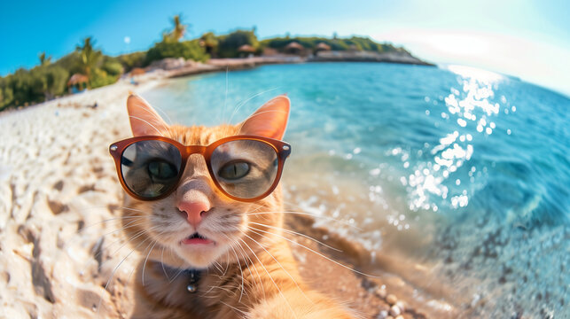 Un chat se prend en selfie au bord de mer.