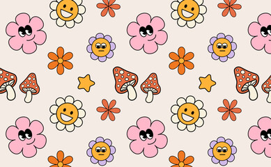 Fototapeta premium Pattern Groovy flower cartoon characters. Funny happy daisy with eyes and smile. Sticker pack in trendy retro trippy style. Isolated vector illustration. Hippie 60s, 70s style.