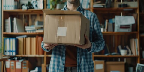 A person carrying a cardboard box in front of a bookshelf, great for photoshoots or office scenes