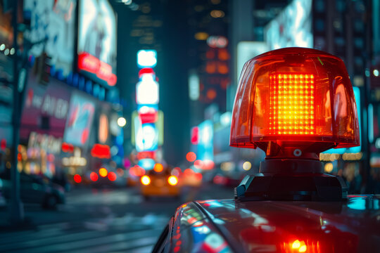 detailed photo of a Police flashing light close-up, blurred night city on background,generative ai