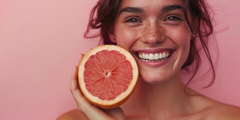 A woman holds a grapefruit in front of her face, a humorous and playful pose