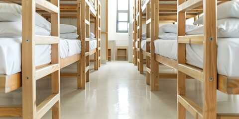 Clean hostel dorm room with wooden bunk beds multiple beds in one room. Concept Hostel Accommodation, Bunk Beds, Shared Dormitory, Wooden Furniture, Multi-bed Room
