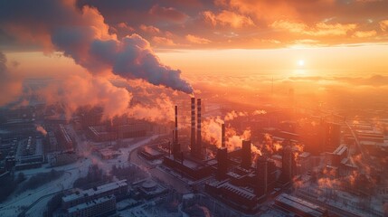 Fototapeta premium Industrial cityscape at sunset - generative ai