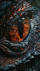 Obraz premium Dragon eye. 3d render of close up lizard eye. Fantasy monster looking. Macro photography of creature. Realistic colorful eye of evil dinosaur beast. Predator vision