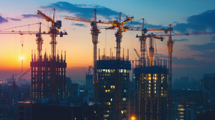 Multiple cranes operating at a construction site, steel framework and ongoing building activities