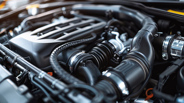 car engine with black hoses.generative ai