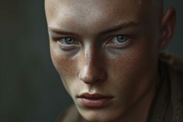 Fototapeta premium Closeup portrait of a man with striking eyes and freckled skin, staring intently at the camera