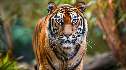 Fototapeta premium A remarkable image of a tiger confidently walking through lush, green foliage, the perfect depiction of power and grace as the majestic creature moves through its jungle habitat.