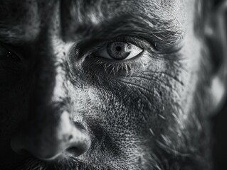 Obraz premium A close-up shot of a man's face in monochrome tones