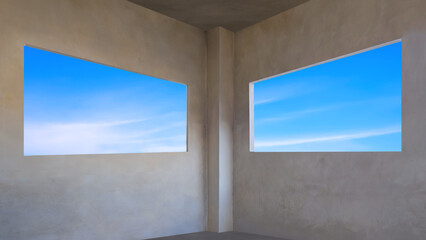 Blue sky view inside of two panoramic window frames structure in incomplete concrete wall room of modern house building in construction site, symmetric view